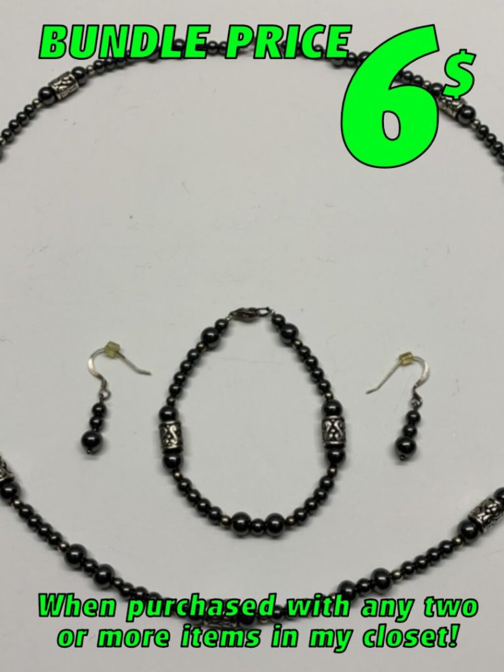 Black Glass Beads And Steel Necklace, Bracelet And Earrings Set